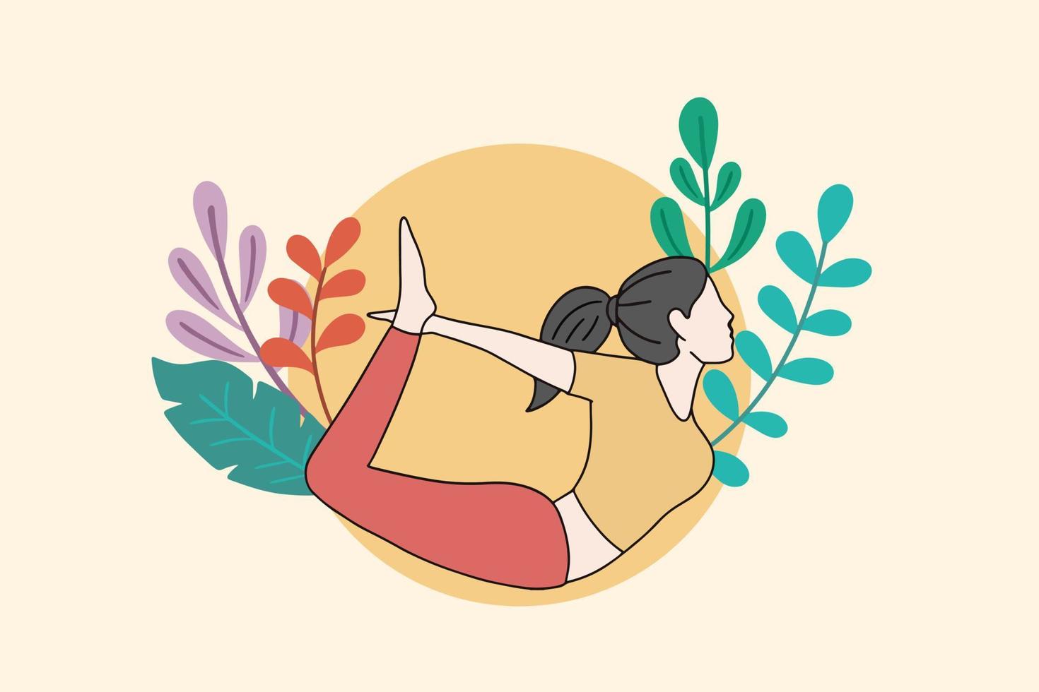 vrouw mediteren in vreedzame natuur illustratie, yoga en gezonde levensstijl concept, platte cartoon design vector