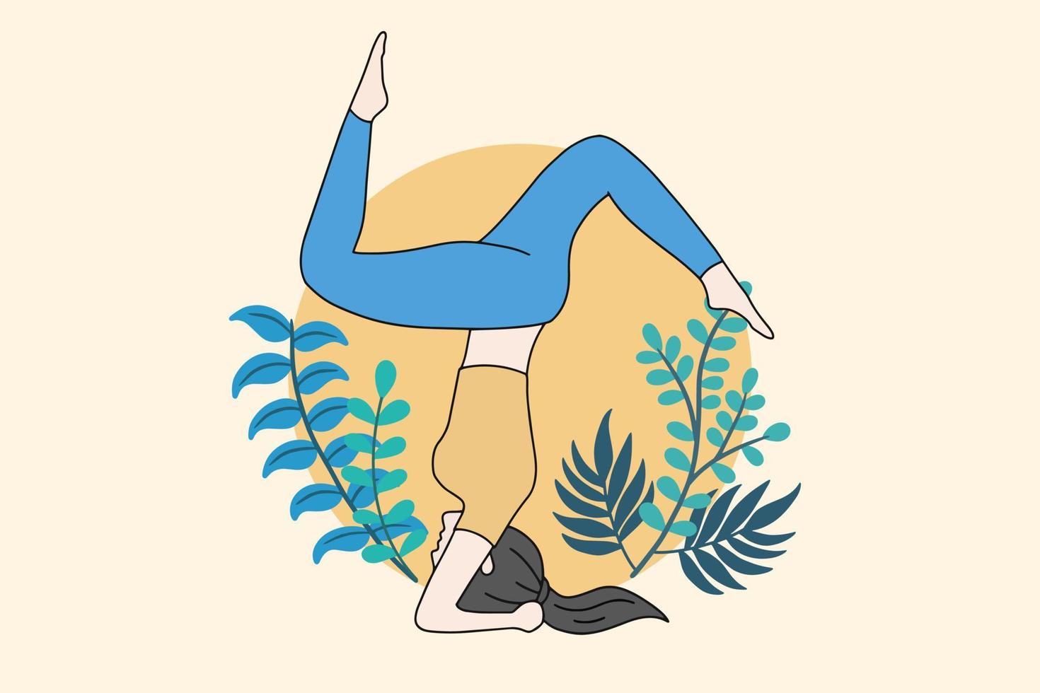 vrouw mediteren in vreedzame natuur illustratie, yoga en gezonde levensstijl concept, platte cartoon design vector