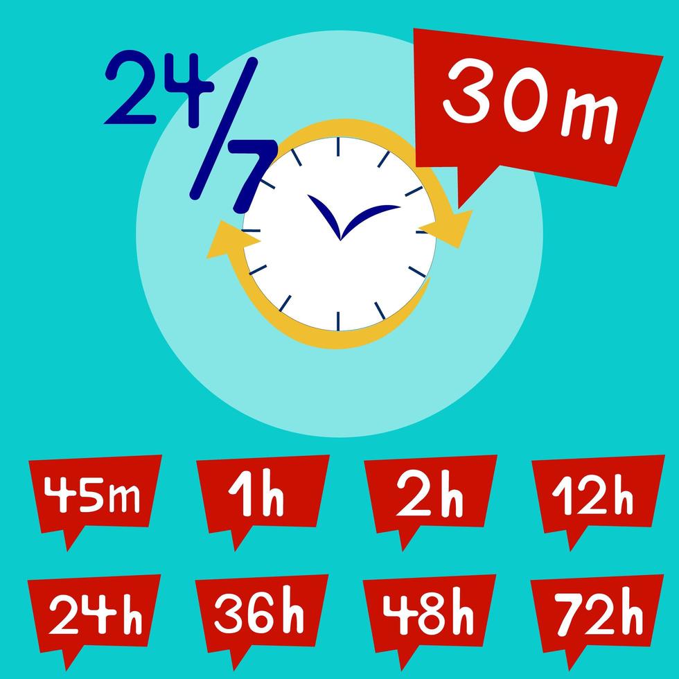 set tijdpictogrammen, pijluren 1, 2, 12, 24,48 en 72, en minuten 30, 45. bezorgservicetijd, 24 7, werktijdklok. vlakke afbeelding. vector