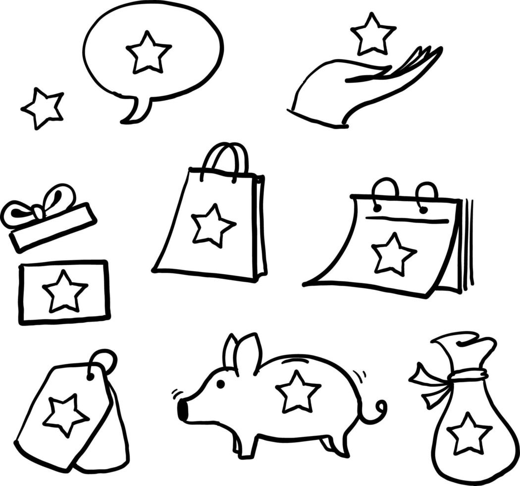 hand getekende loyaliteitsprogramma lijn pictogrammen. bonuskaart, cadeau- en kortingsbonborden inwisselen. loterijticket, verdien beloning en winnaar cadeau icons.doodle vector