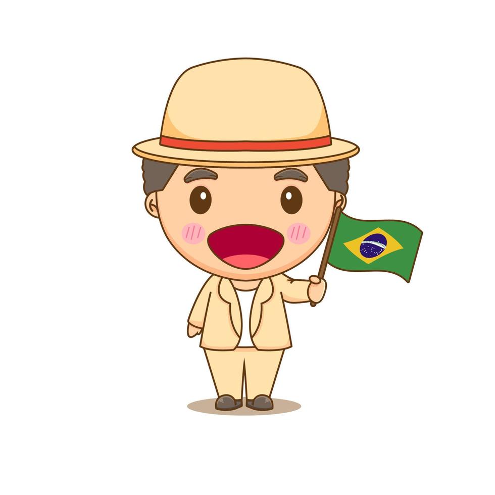 Braziliaans in nationale klederdracht met een vlag. een jongen in traditionele klederdracht. chibi stripfiguur vector