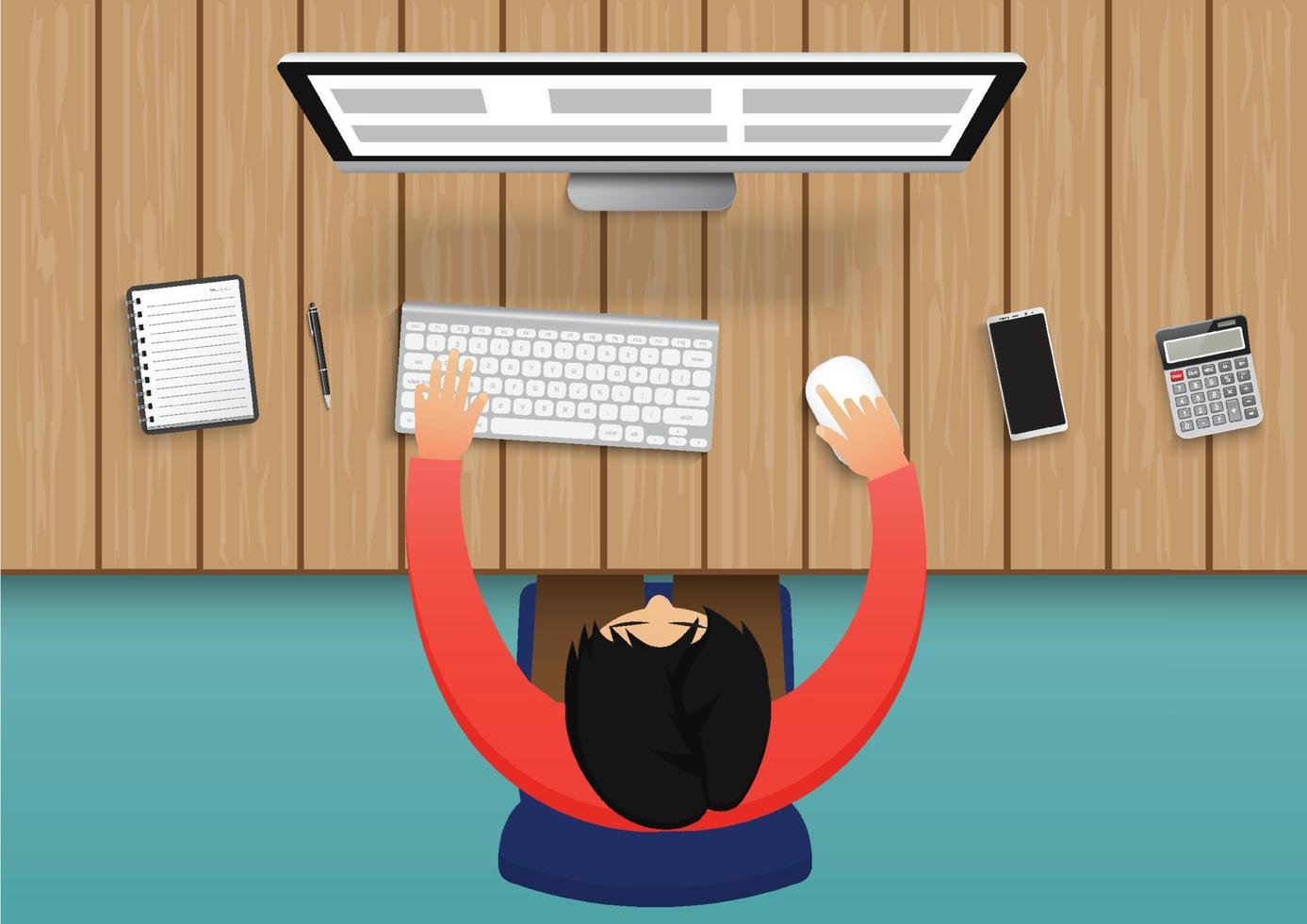 bedrijfspersoon die aan computer werkt. zakenman zittend op een blauwe stoel bovenaanzicht het bureau met kantoorapparatuur. vector platte illustratie Characterdesign op achtergrond.