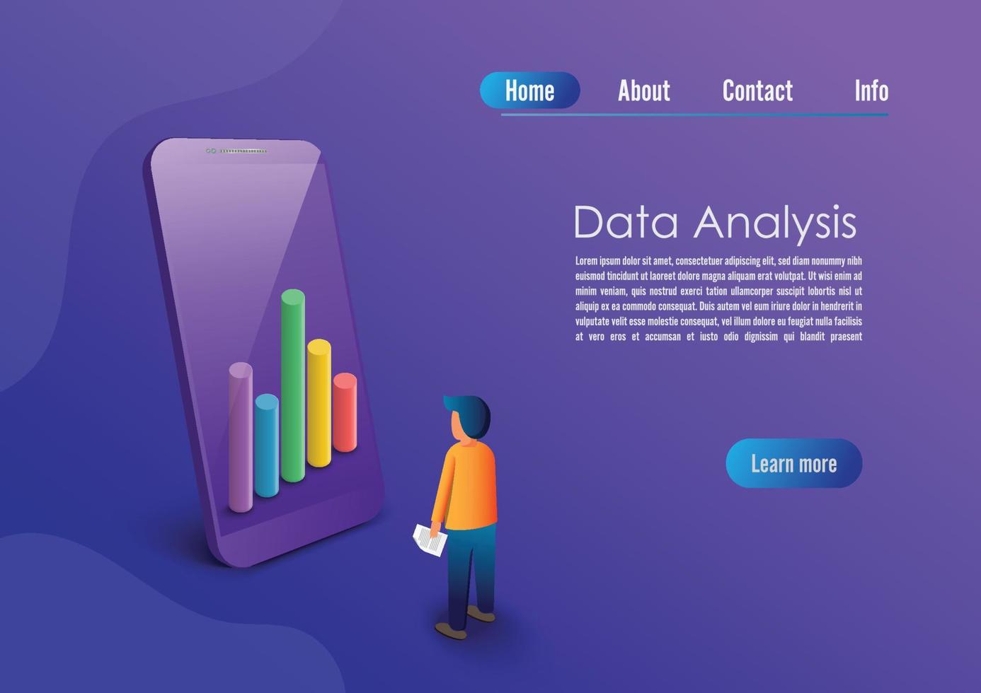 toepassing van smartphone met zakelijke grafiek en analysegegevens op isometrische mobiele telefoon. analyse trends en financiële strategie met behulp van infographic grafiek. vector concept illustratie