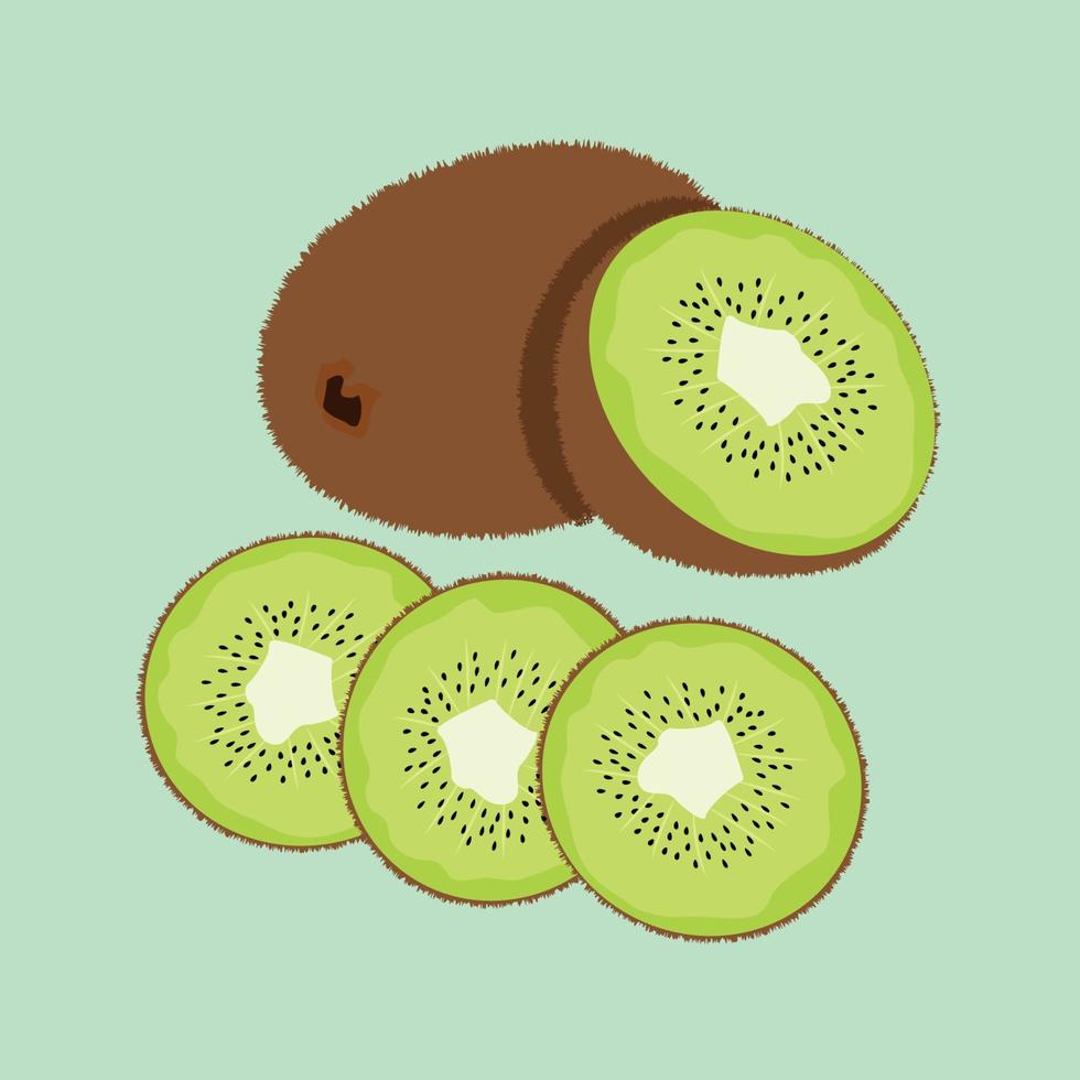 sappige kiwi en een halve kiwi. drie plakjes kiwi. geïsoleerde vectorillustratie. vector