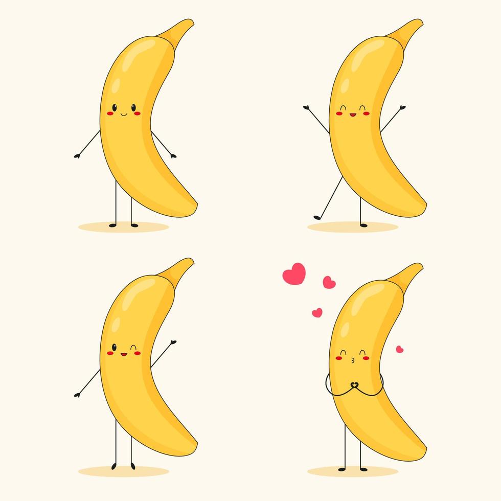 collectie van banaan in de verschillende poses. schattige cartoon fruit tekenset op witte achtergrond. platte vectorillustratie. vector