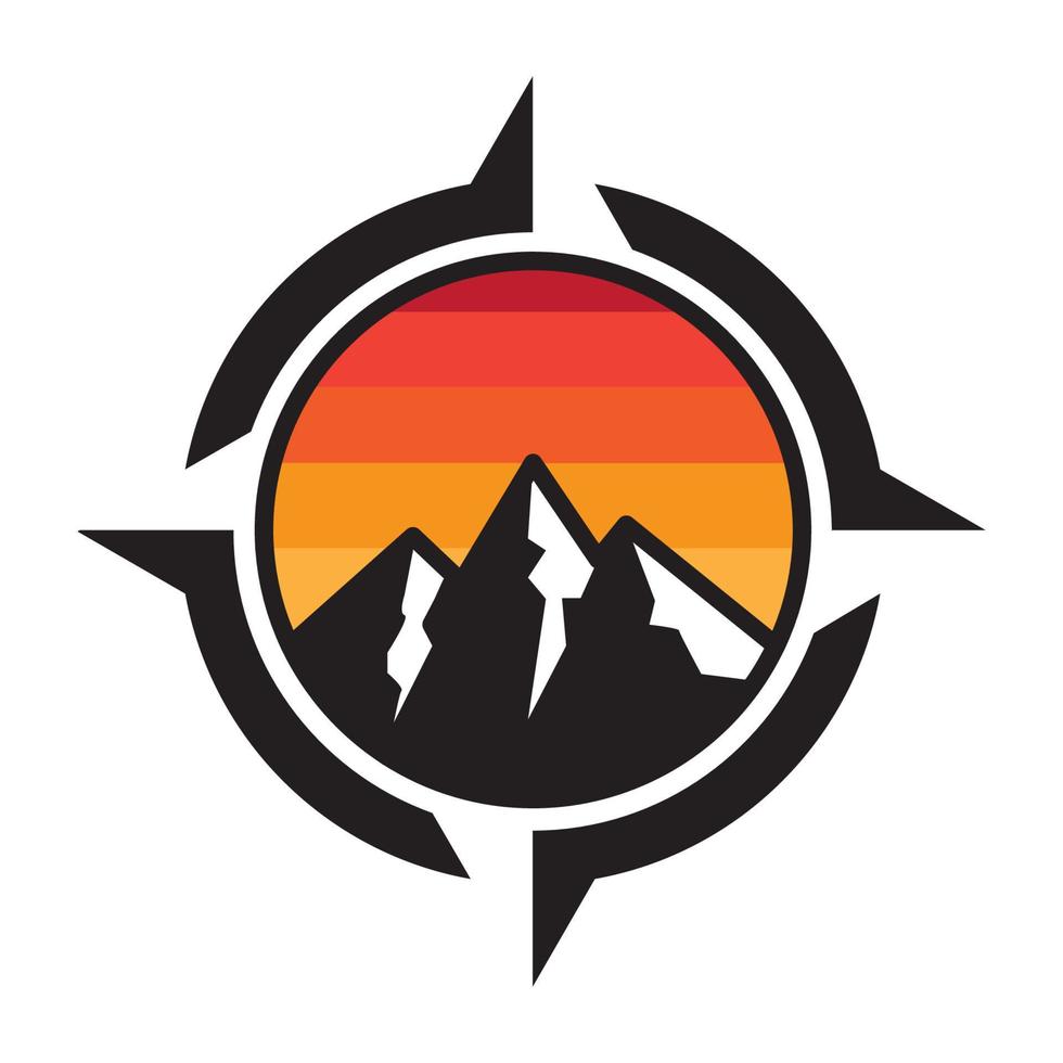 berg zonsondergang en kompas abstract logo vector symbool pictogram ontwerp grafische afbeelding