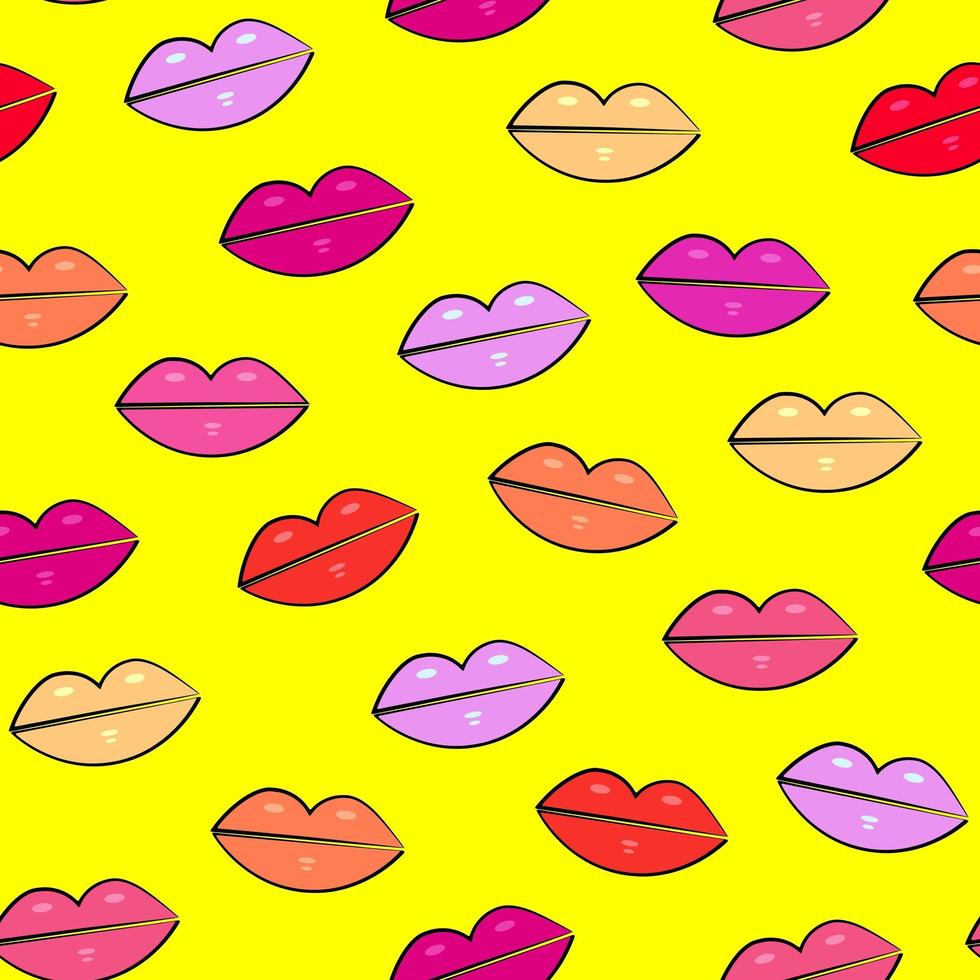 lippen naadloos patroon op gele achtergrond. illustratie, achtergronden, wallpapers, covers, verpakkingen, wenskaarten, posters, stickers, textiel en seizoensdesign. geïsoleerd op een witte achtergrond. vector