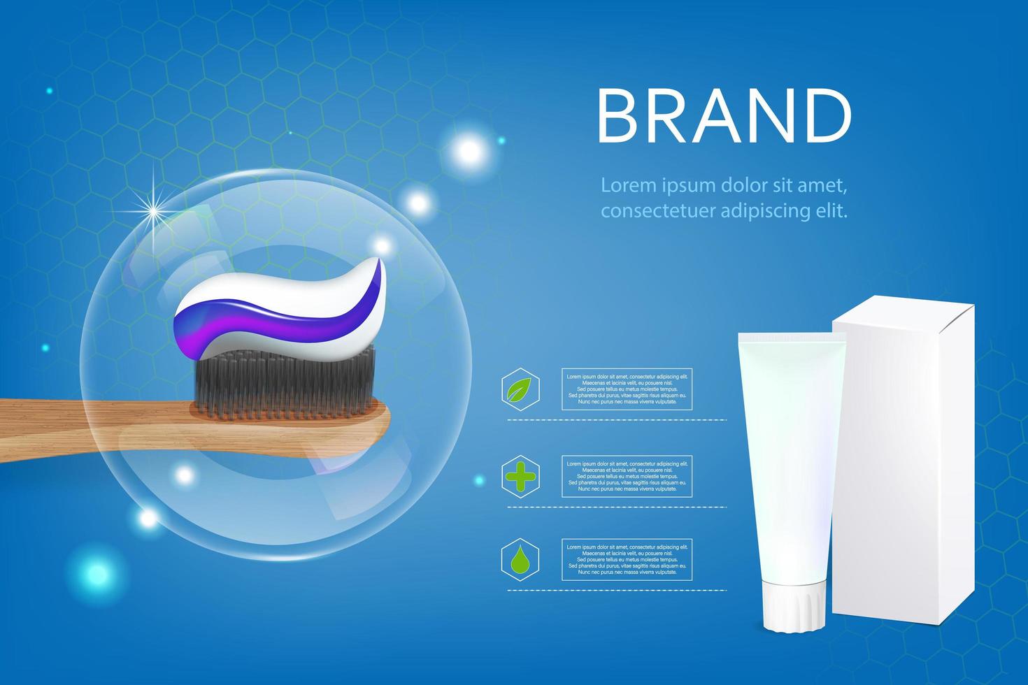 vector, 3D-reclame voor whitening tandpasta. een grafisch concept voor uw ontwerp. lay-outsjabloon, buis met verpakking. vector