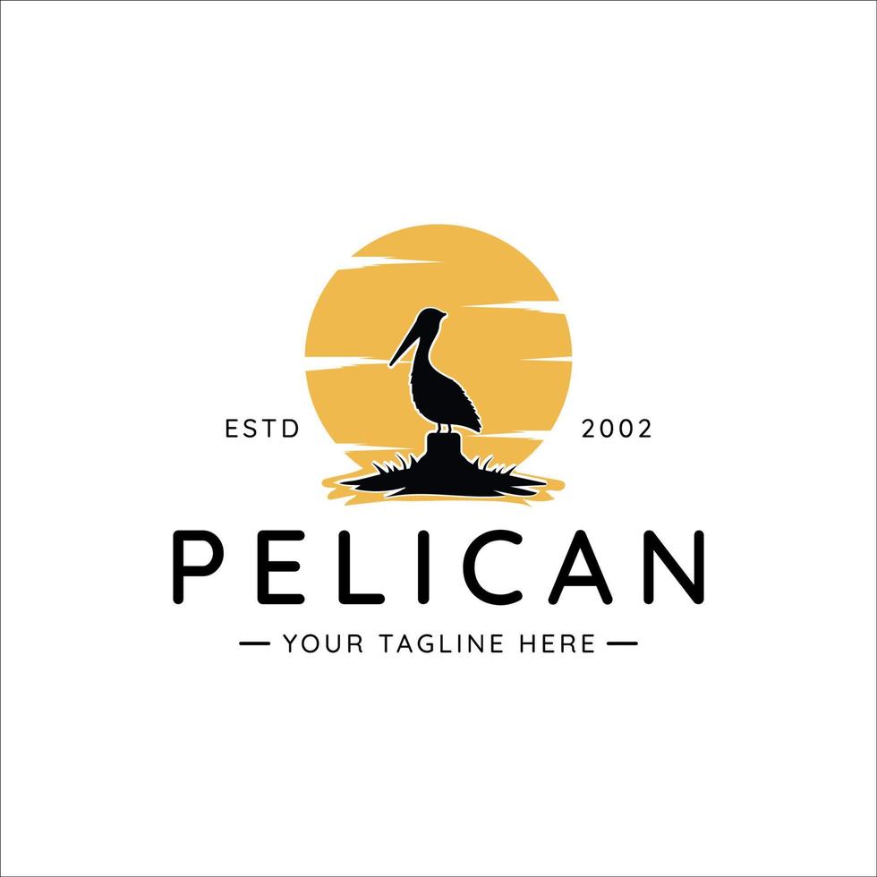 pelikaan vogel logo vintage vector illustratie sjabloon pictogram grafisch ontwerp. silhouet van dier met achtergrondzonsondergang bij rivier