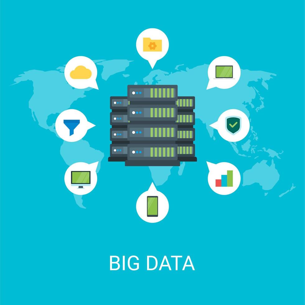 big data, database, datacenter vector afbeelding achtergrond in vlakke stijl. geschikt voor webbanners, sociale media, ansichtkaarten, presentaties en nog veel meer.