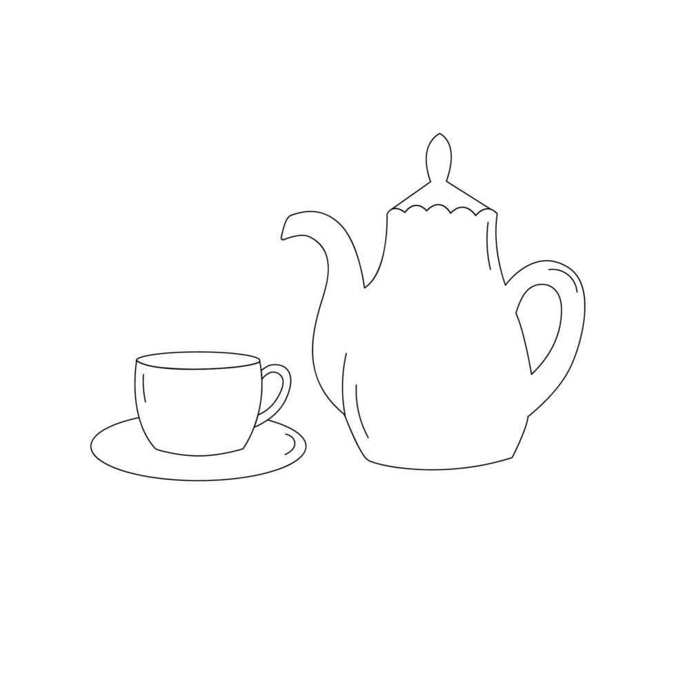 doodle lijn kunst theepot, kop en schotel. keuken gebruiksvoorwerp. vector