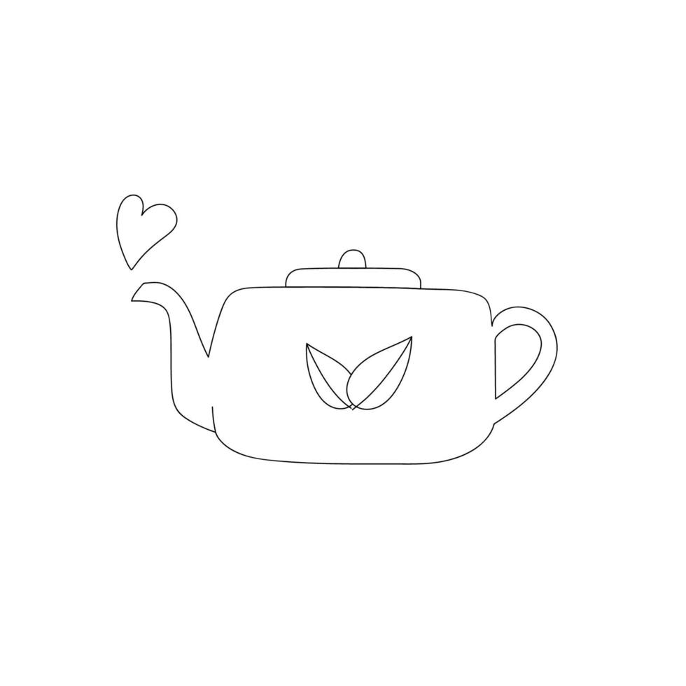 lijntekeningen doodle theepot met bladeren. hete stoom in hartvorm. keuken gebruiksvoorwerp. vector