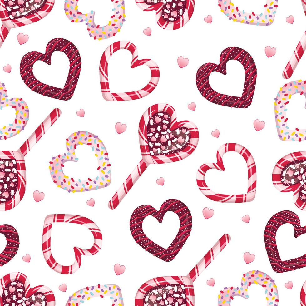 naadloos patroon met boterkoekjes en gestreepte lolly in de vorm van harten. kant en klare print met snoep en desserts in glazuur. vector