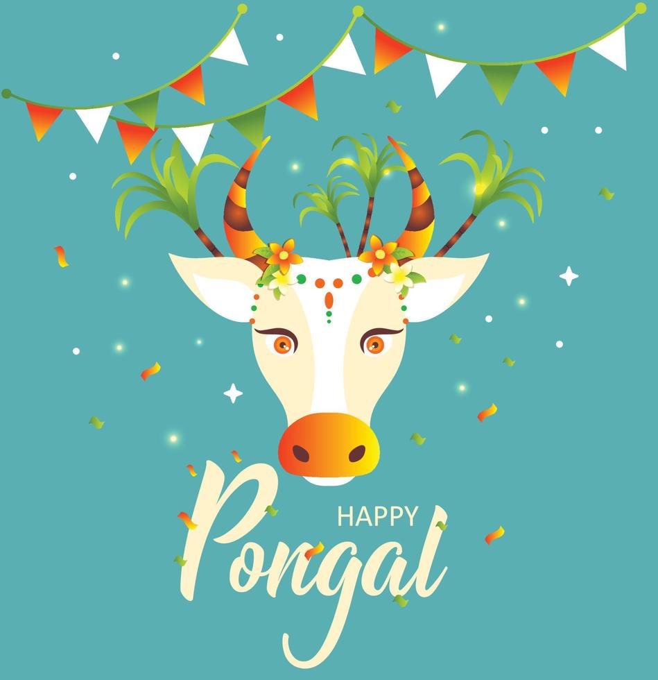 gelukkig pongal. versierde koe en rijst. wenskaart voor indiase oogstfeest. vectorillustratie. vector