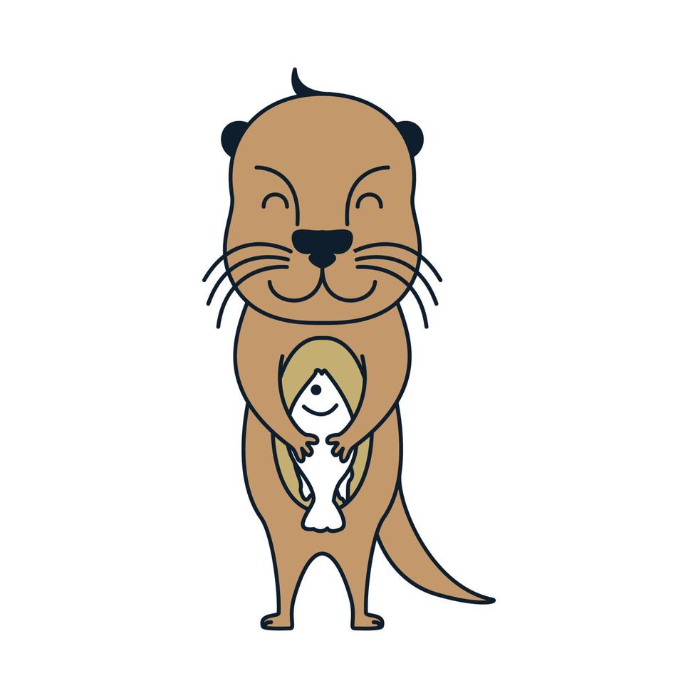 otter met vis schattig cartoon logo vector illustratie ontwerp