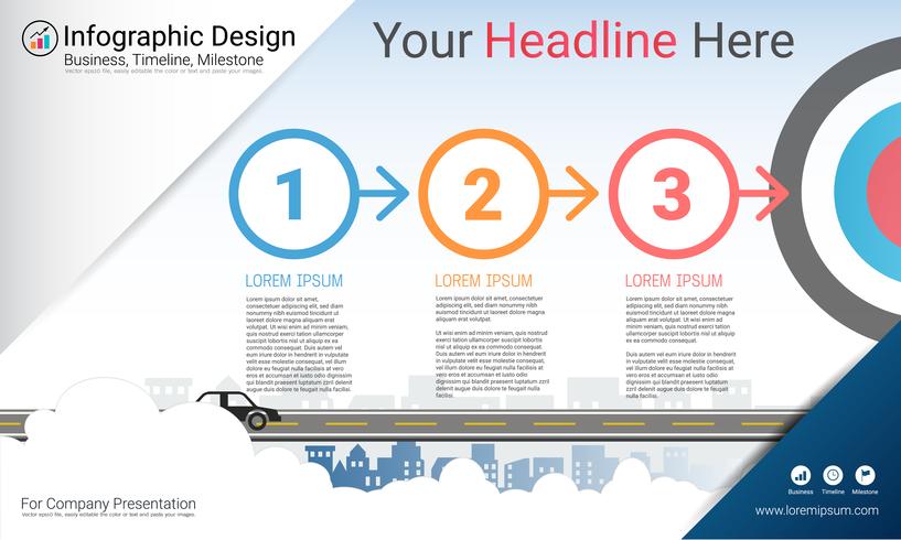 Zakelijk infographicsrapport, Milestone-tijdlijn of routekaart met Processtroomdiagram 3 opties. vector