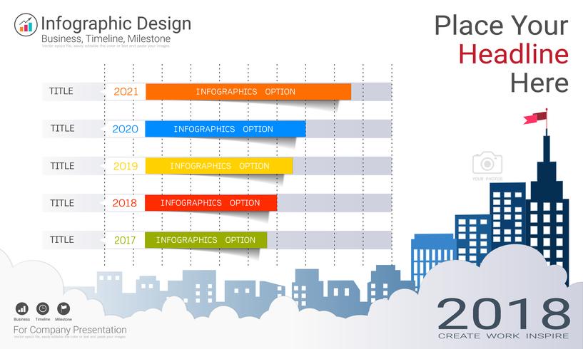 Zakelijke staafdiagram Infographics sjabloon, groei voortgang kleur vol met proces stroomdiagram 5 opties. vector