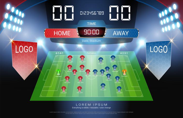 Voetbal of voetbal start line-up, Jersey uniformen en Digital timing scorebord wedstrijd versus strategie uitgezonden grafische sjabloon. vector