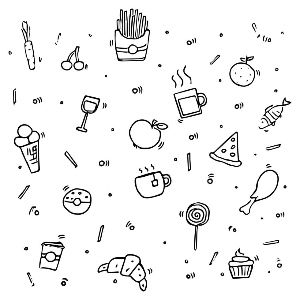 vector set pictogrammen met voedingsmiddelen. doodle vector met voedsel pictogrammen op witte achtergrond. vintage voedsel set pictogrammen, zoete elementen achtergrond voor uw project, menu, café winkel.