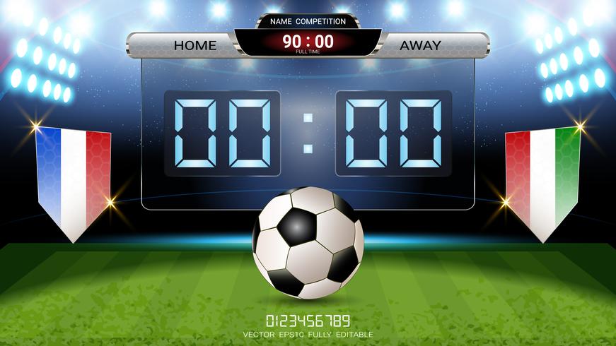 Digitaal timingsscorebord, Voetbalwedstrijdteam A versus team B, Strategie uitzend grafische sjabloon. vector