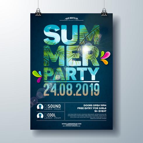 Summer Party Flyer Design met palmbomen en oceaanlandschap bij het snijden van typografiebrieven. Vector zomer natuur floral elementen en tropische planten op blauwe bewolkte hemelachtergrond