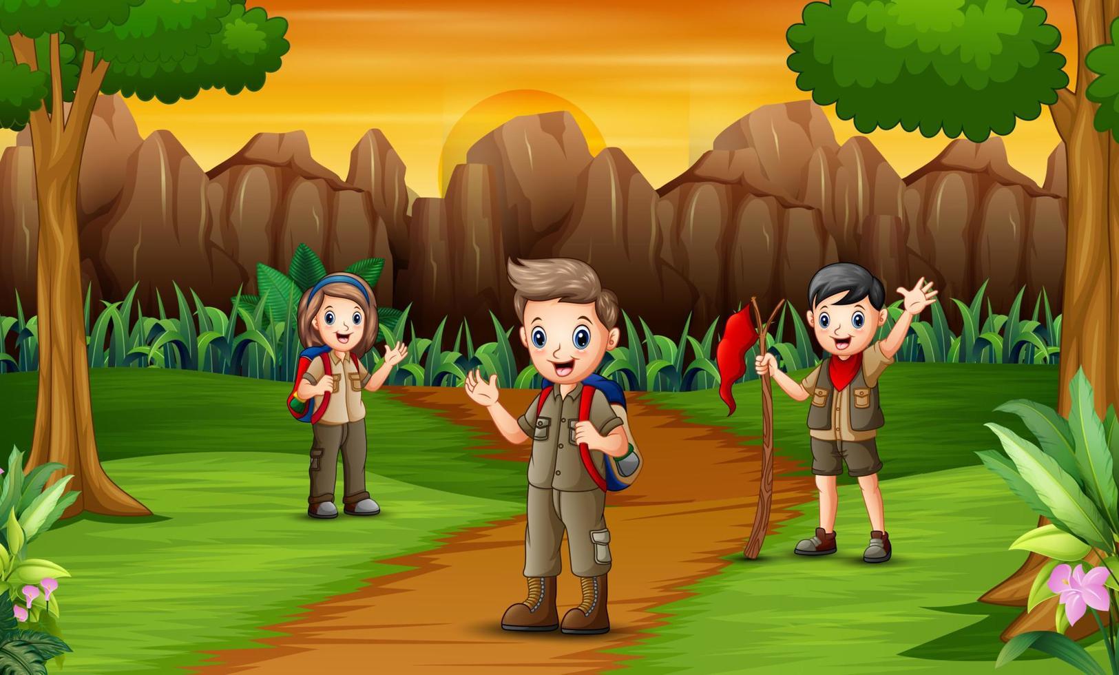 een groep scouts op weg naar camping vector