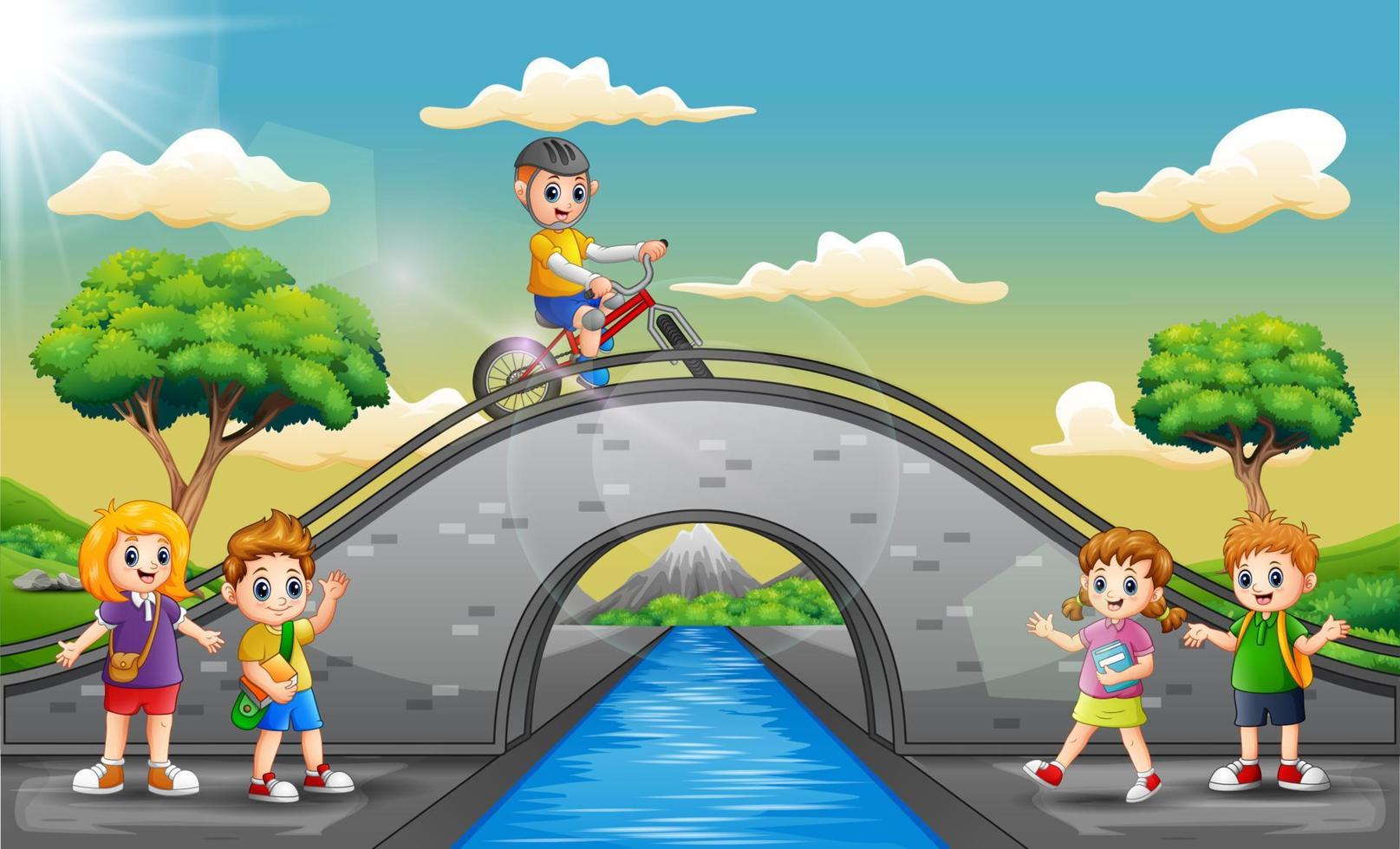 gelukkige kinderen spelen in de brug vector