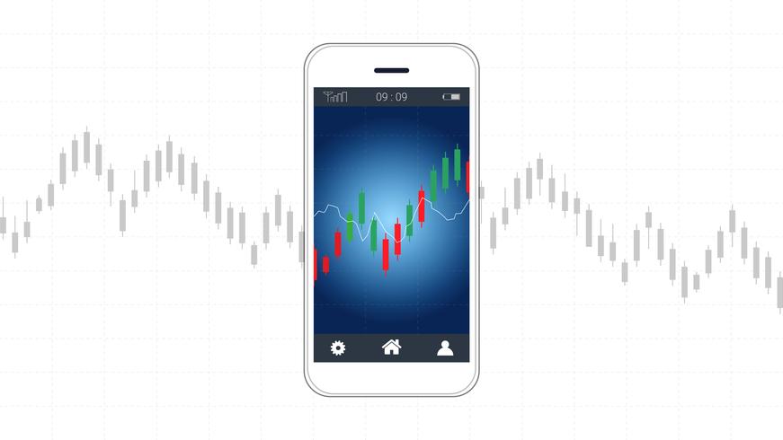 Mobiel voorraad handelconcept met kandelaar en financiële grafiekgrafieken op het scherm. vector