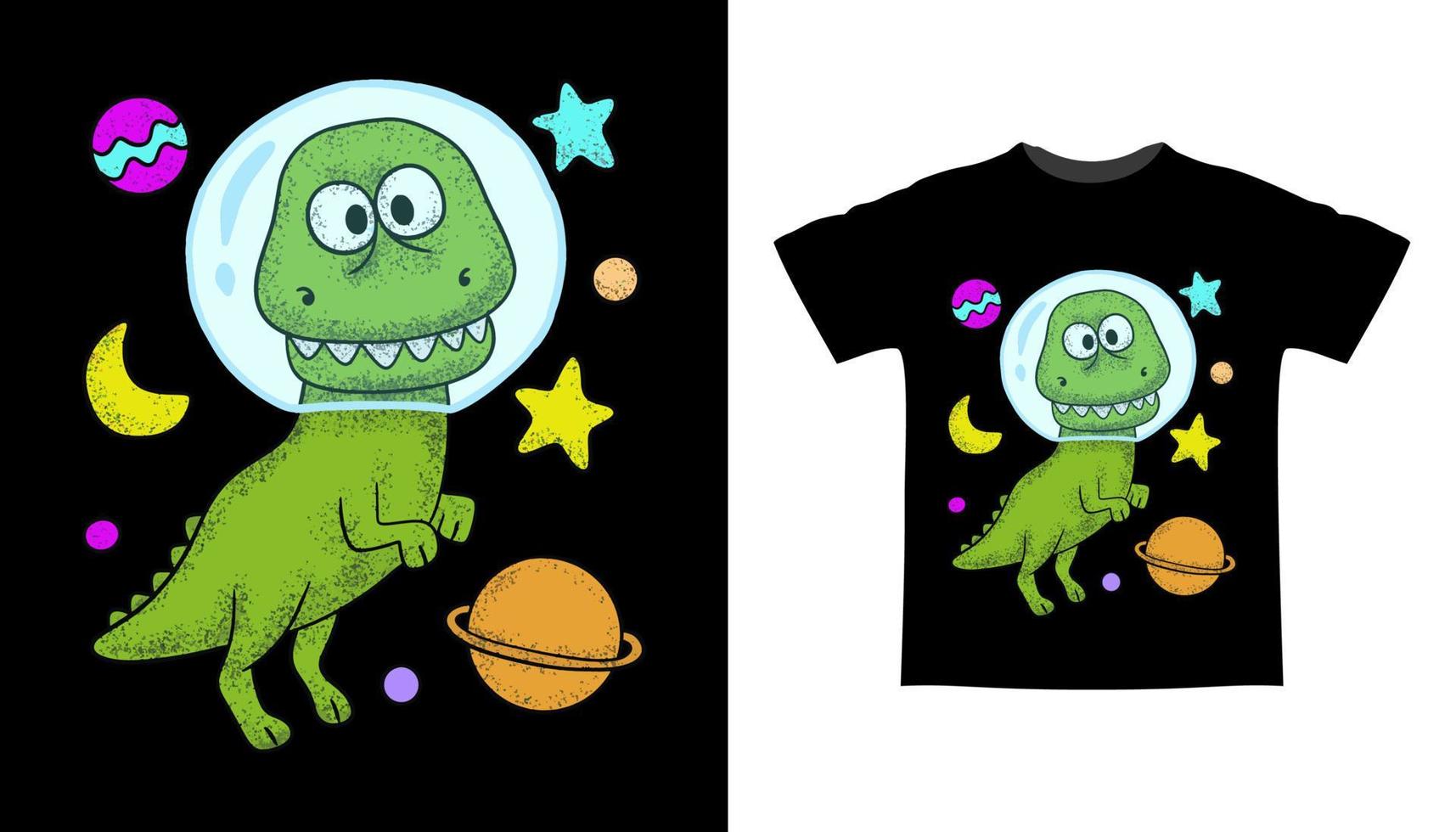 met de hand getekende dino-cartoon in ruimte-t-shirtontwerp vector