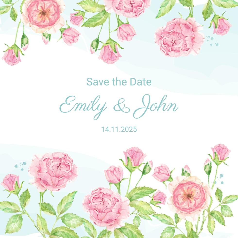 aquarel mooi engels roos bloem boeket tuin vierkant bruiloft uitnodiging sjabloon achtergrond vector