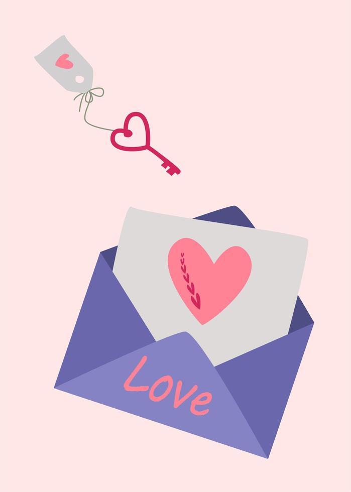 een open envelop met een hart en een sleutel met een tag. vector