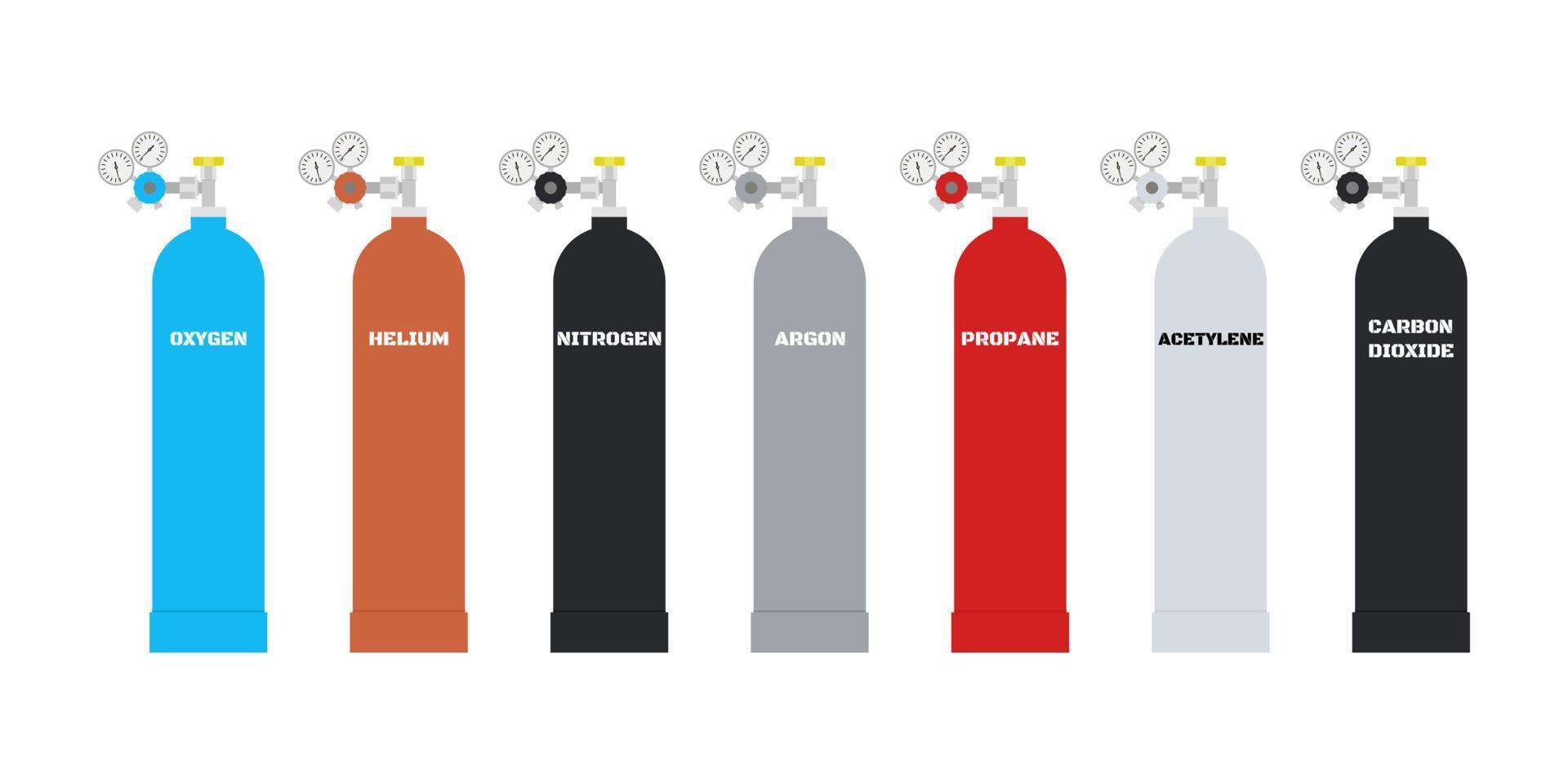 cilinders met verschillende soorten vloeibaar gas. container ballon gas. zuurstof, helium, stikstof, argon, propaan, acetyleen en koolstofdioxide in verschillende kleurenverpakking. vector illustratie