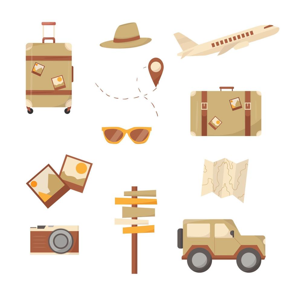 reizen Afrika stel pictogrammen. platte ontwerptrend. tas, koffer, vliegtuig, kaart, aanwijzer, richting, bril, camera. vector