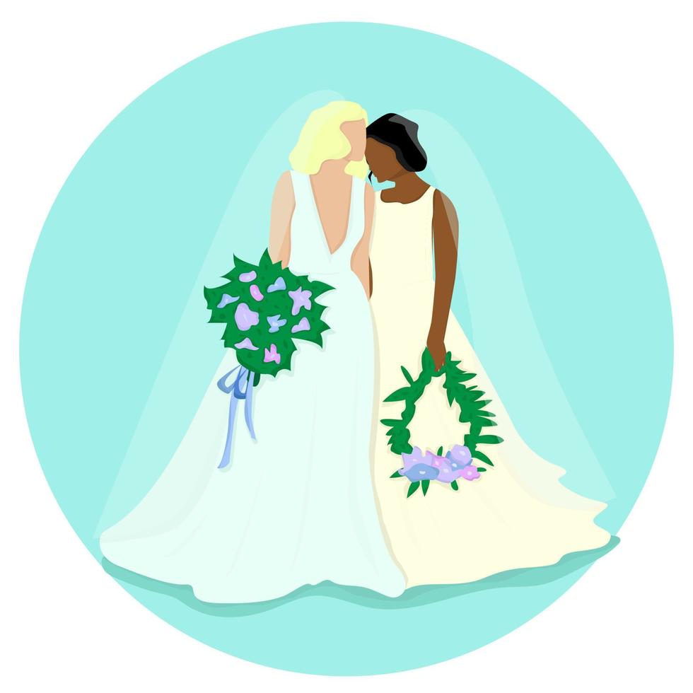 LGBT-paar gaat trouwen. vrouwelijk personage met trouwjurk en pak. twee vrouwen houden van elkaar. onconventionele lesbische pasgetrouwden. cartoon vlakke afbeelding vector