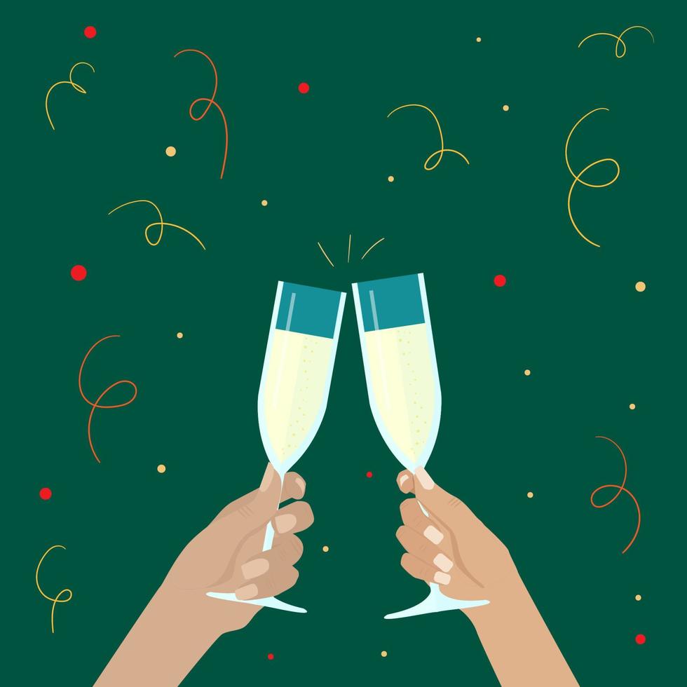 menselijke hand met een glas champagne. ansichtkaart voor de vakantie Nieuwjaar, Kerstmis, trouwdag. vector