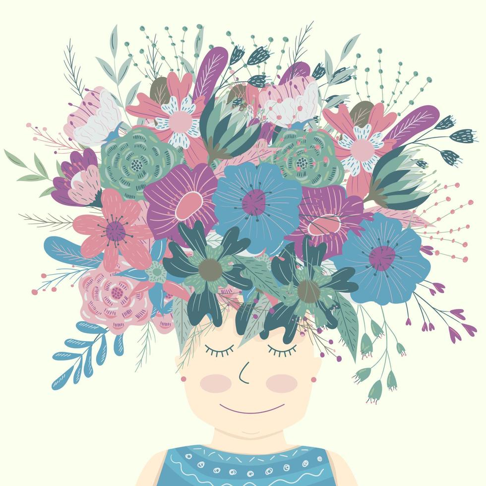 meisje met bloemen op haar hoofd. wilde bloemen, kamille. naïeve eenvoudige stijl vector