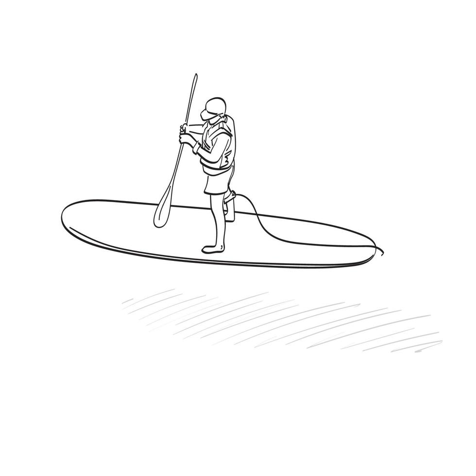 man met reddingsvest en pet opstaan op paddle board illustratie vector hand getekend geïsoleerd op een witte achtergrond lijntekeningen.