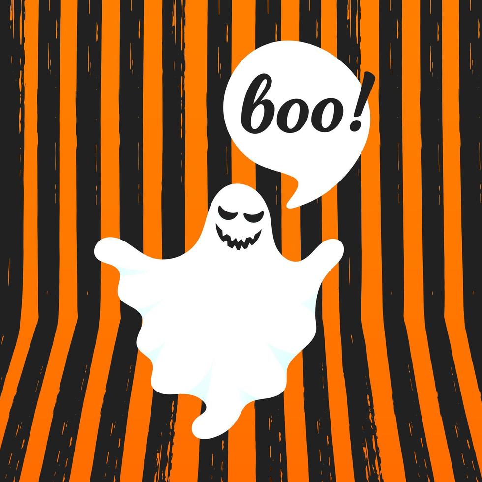 boo spook halloween bericht concept. vliegende halloween grappige griezelige geest karakter zeggen boo met tekst ruimte in de toespraak bubble vectorillustratie geïsoleerd op oranje gestreepte achtergrond. vector