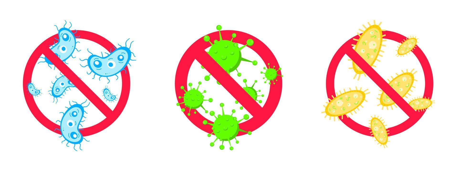 3 stop virussen en slechte bacteriën of ziektekiemen verbodsteken. vector