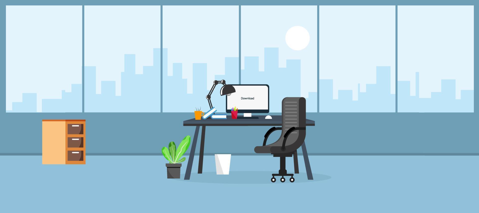 leren en onderwijzen zakelijk kantoor om te werken modern interieur, kantoorkast met computer kleurrijke vectorillustratie in platte cartoon stijl vector design