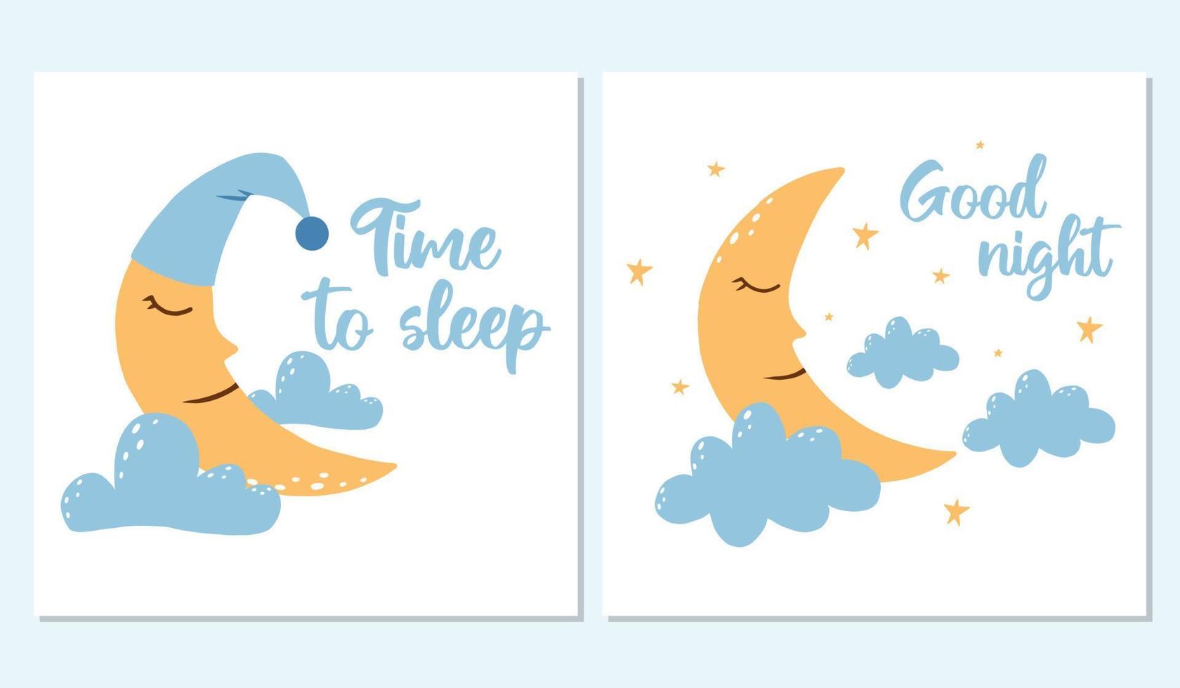 vector set posters met schattige maan en wolken. leuke welterusten posters in delicate kleuren. nachtkaarten met schattige karakters.