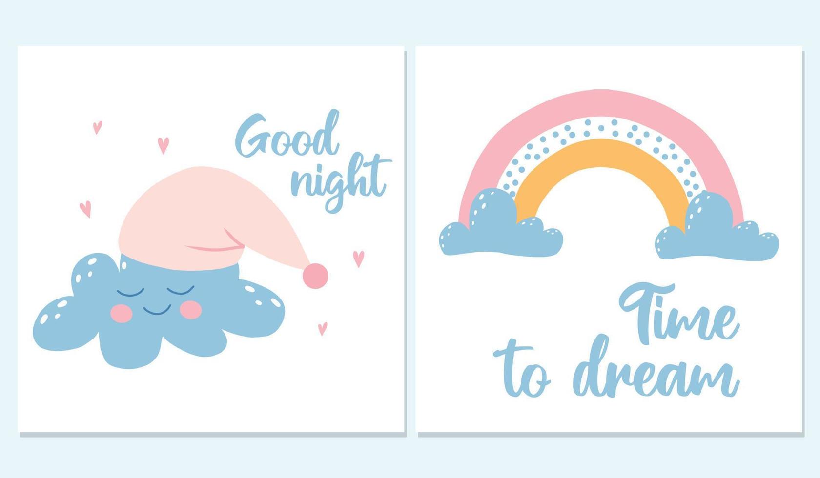 vector set van twee nachtkaarten. ansichtkaarten met schattige karakters regenboog en wolk. goede nacht ansichtkaarten.