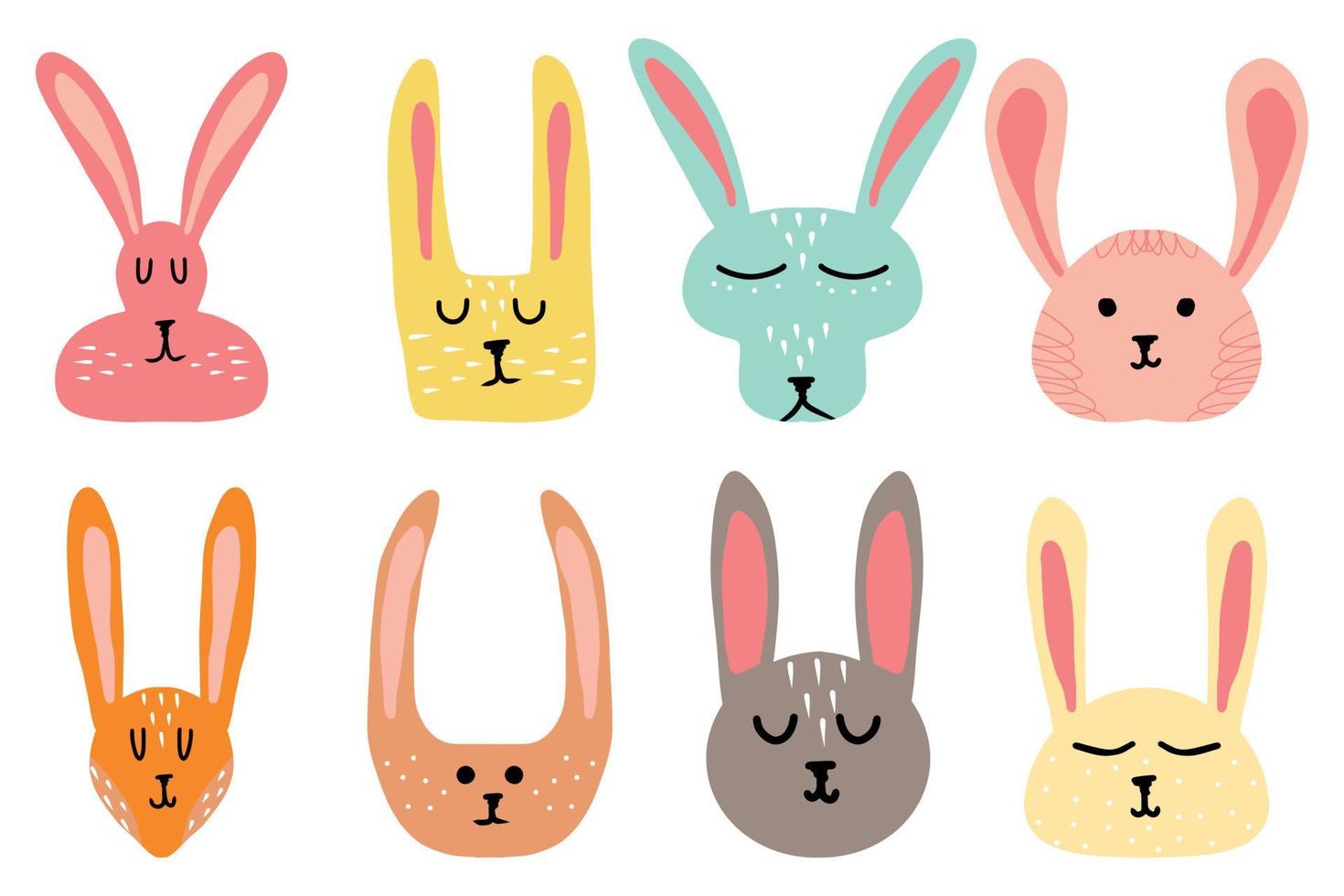 handgetekende set konijnenkoppen voor kinderen. set van schattige hazen. vector