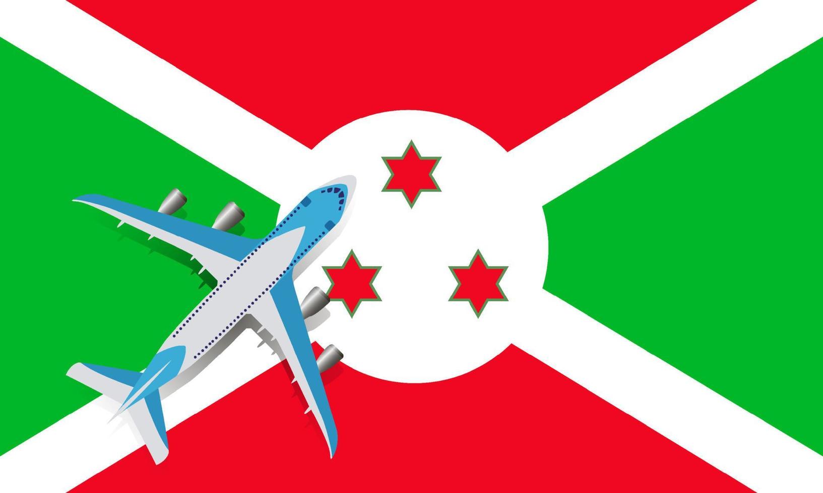 vectorillustratie van een passagiersvliegtuig dat over de vlag van burundi vliegt. vector