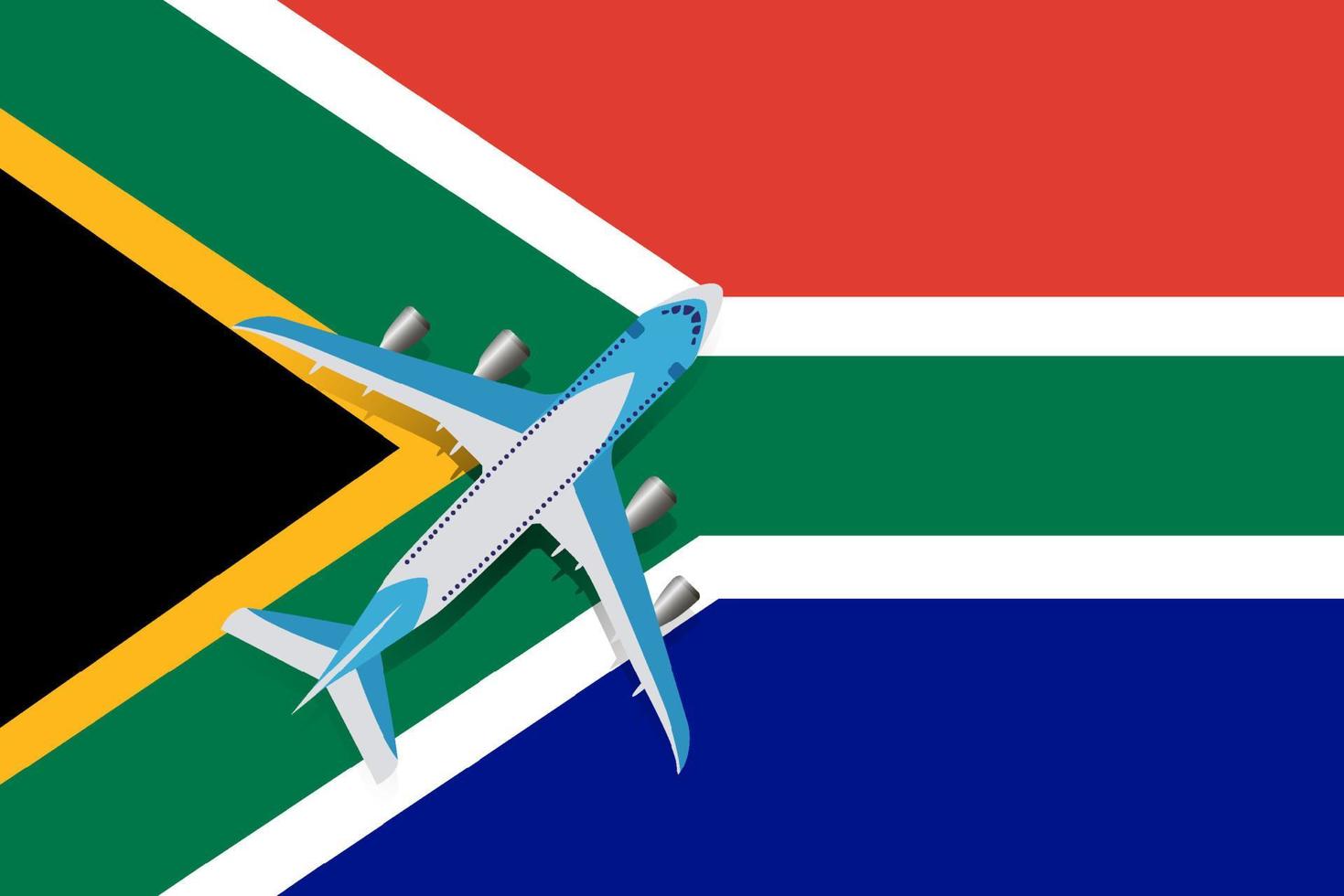 vectorillustratie van een passagiersvliegtuig dat over de vlag van de Republiek Zuid-Afrika vliegt. concept van toerisme en reizen vector