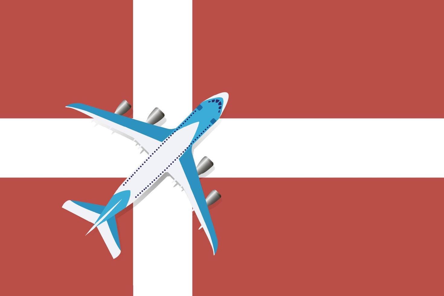 vectorillustratie van een passagiersvliegtuig dat over de vlag van denemarken vliegt. concept van toerisme en reizen vector