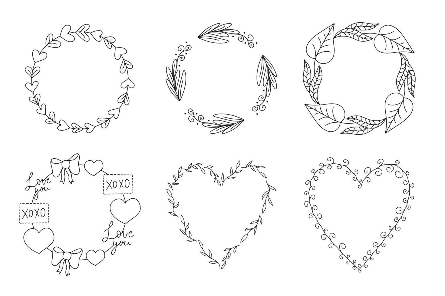 vector bloemen frame in zwarte lineart stijl collectie. ronde en hartvorm mooie decoratie voor uitnodigingen, wenskaarten, bruiloft