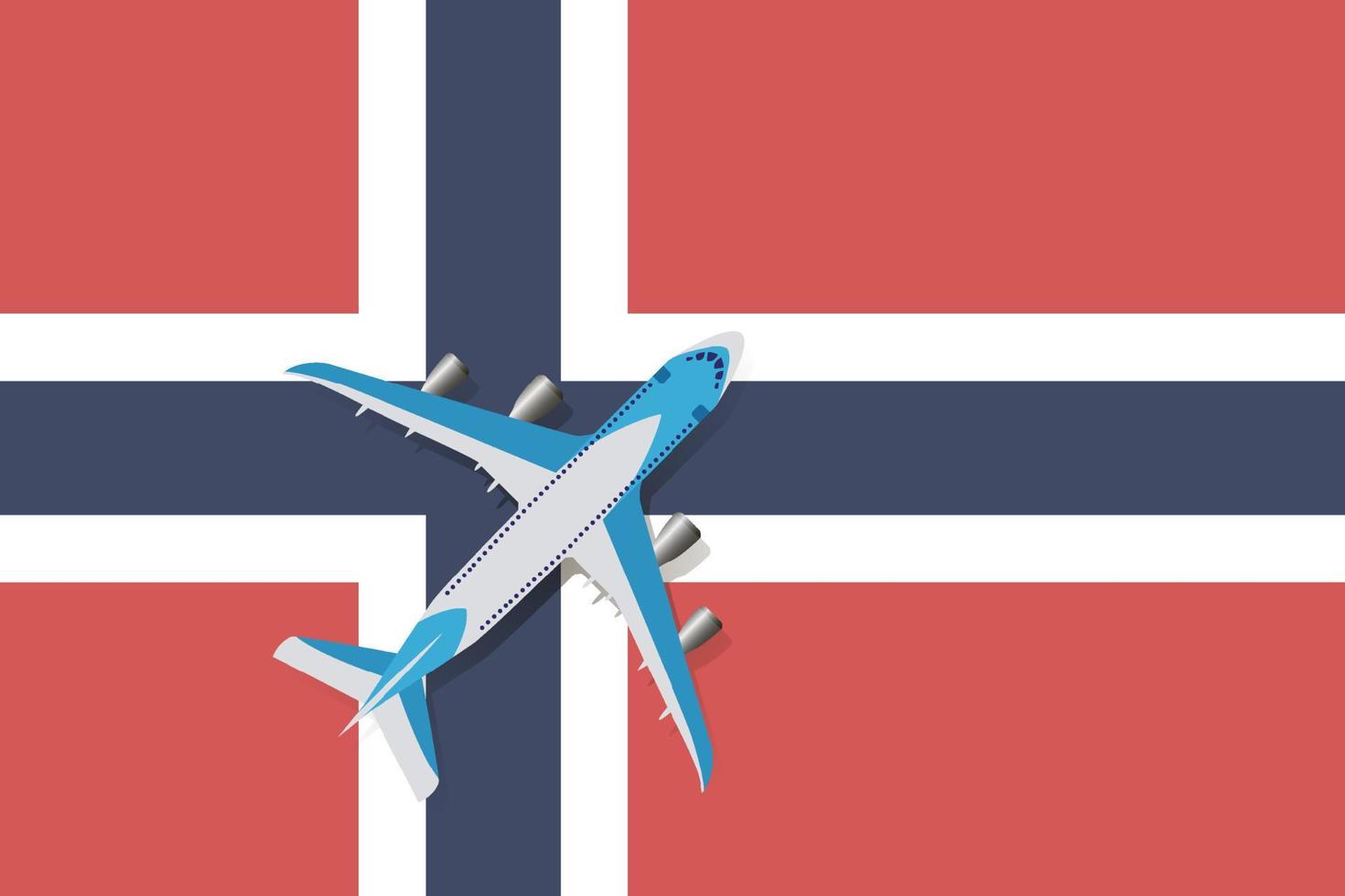 vectorillustratie van een passagiersvliegtuig dat over de vlag van noorwegen vliegt. concept van toerisme en reizen vector