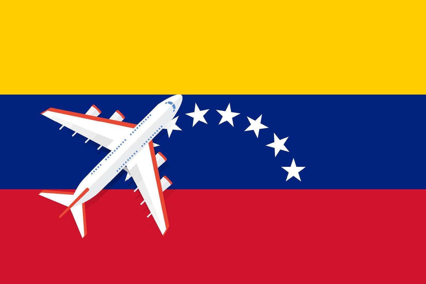 vectorillustratie van een passagiersvliegtuig dat over de vlag van venezuela vliegt. concept van toerisme en reizen vector