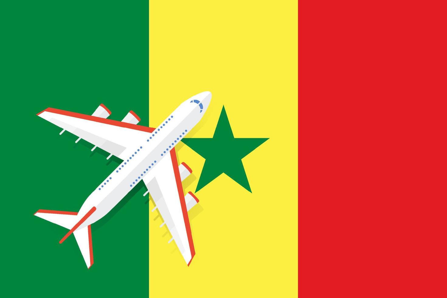vectorillustratie van een passagiersvliegtuig dat over de vlag van senegal vliegt. concept van toerisme en reizen vector